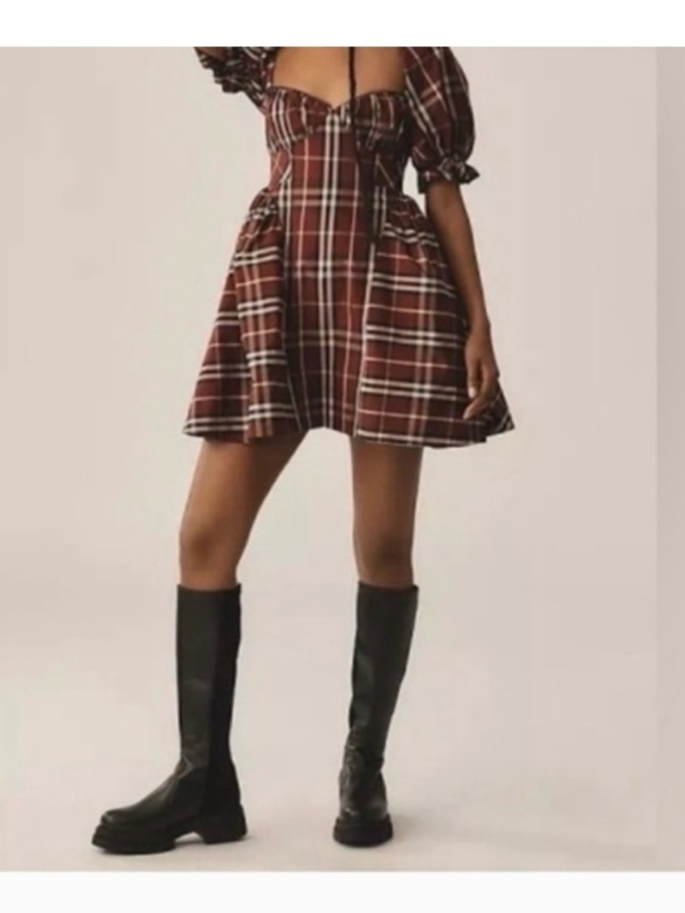 Maeve Puff-Sleeve Mini Dress from Anthropologie  tartan plaid , nwt, sz L